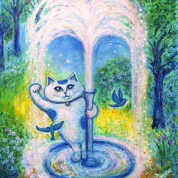 原画 「招き猫のいる噴水ガーデン」 F10号  ＃絵画 ＃ねこ ＃招き猫 ＃噴水 ＃青い鳥 ＃右手上げ ＃縁起物アート 1枚目の画像