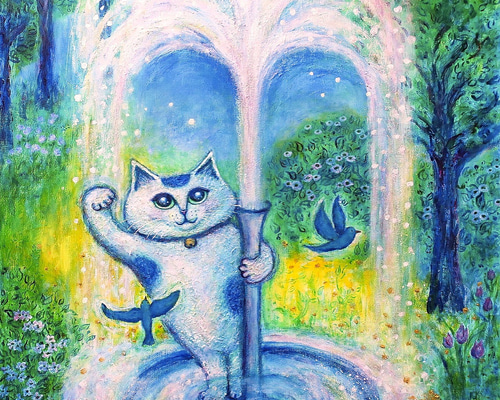 原画 「招き猫のいる噴水ガーデン」 F10号 ＃絵画 ＃ねこ ＃招き猫 ...