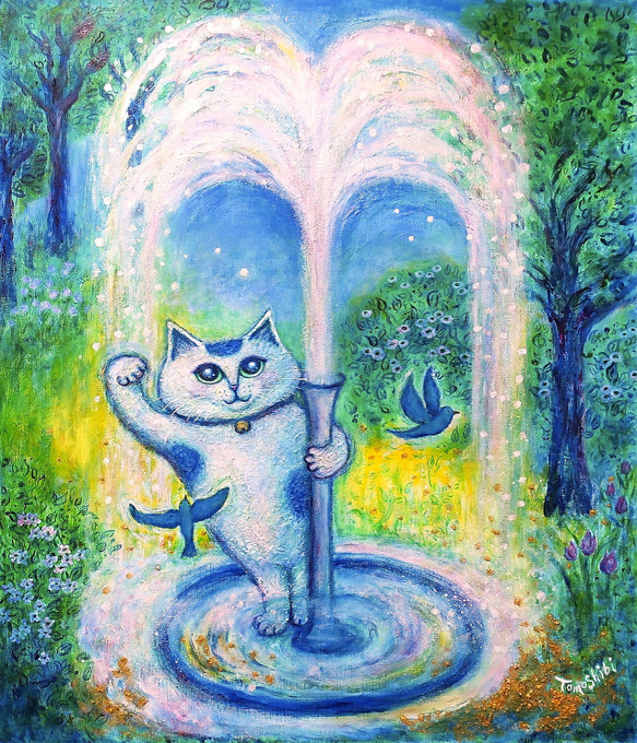 原画 「招き猫のいる噴水ガーデン」 F10号  ＃絵画 ＃ねこ ＃招き猫 ＃噴水 ＃青い鳥 ＃右手上げ ＃縁起物アート 1枚目の画像