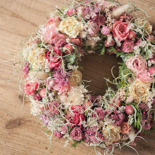 受注制作】ドライフラワーリース ピンクと白のバラ ドライフラワー