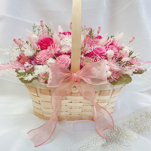 人気】 ローズピンク 華やかな 花籠 ✽ 大 バスケット ウエディング