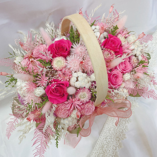 人気】 ローズピンク 華やかな 花籠 ✽ 大 バスケット ウエディング