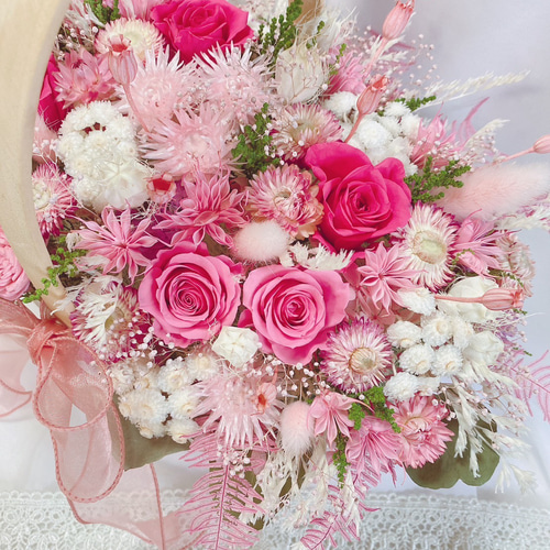 人気】 ローズピンク 華やかな 花籠 ✽ 大 バスケット ウエディング