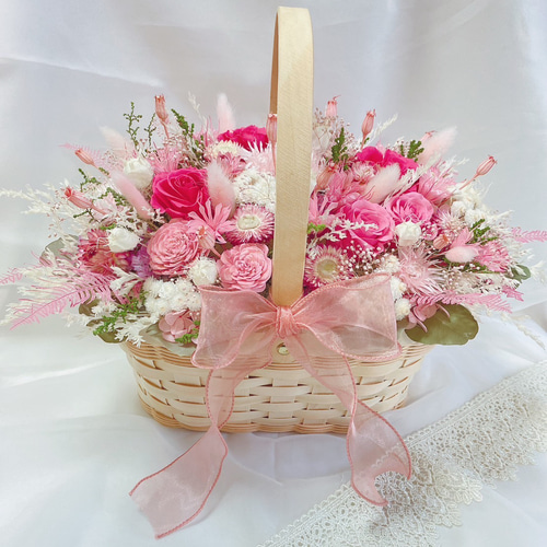 人気】 ローズピンク 華やかな 花籠 ✽ 大 バスケット