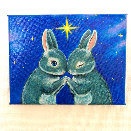 原画【小さなうさぎのお願いごと グレーのうさぎ】F0 星空 幻想
