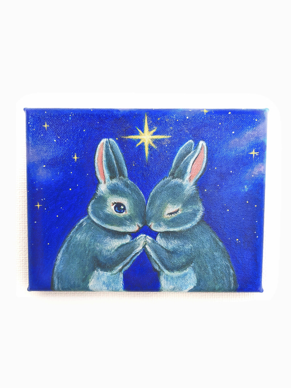 原画【小さなうさぎのお願いごと グレーのうさぎ】F0 星空 幻想的