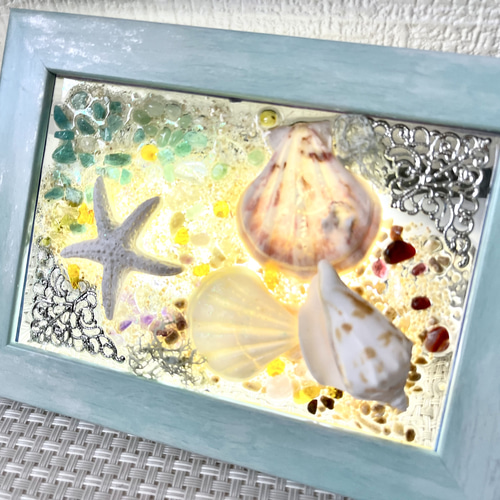 フラワーバルーンとテディベア　シーグラス／天然石／フレームアート c9a4748e27206e96297e5ac9f7e32d