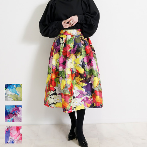 SALE】フラワープリント ボリューム フレアスカート 花柄 フレア  