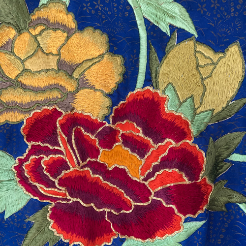 着物リメイクスカジャン リバーシブル 横振り刺繍 牡丹の花 江戸