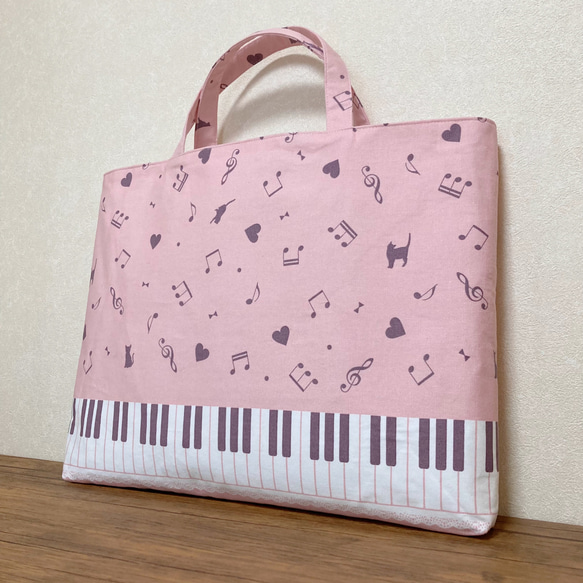 レッスンバッグ A4◎ 猫&鍵盤&ピアノ&音符 スクールバッグ 入学入園　子ども 2枚目の画像