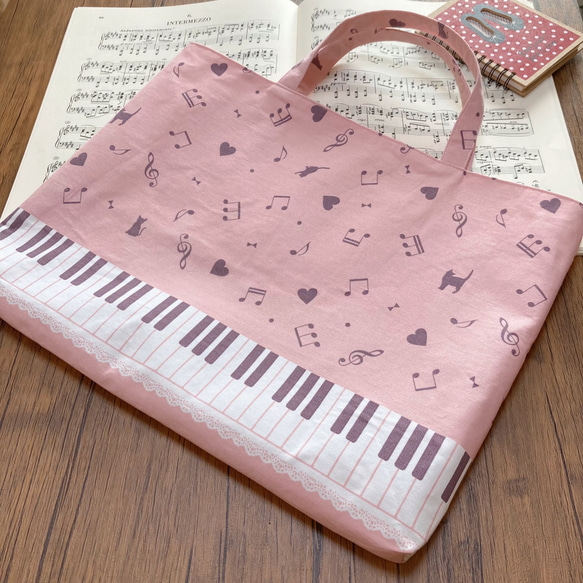 レッスンバッグ A4◎ 猫&鍵盤&ピアノ&音符 スクールバッグ 入学入園　子ども 5枚目の画像