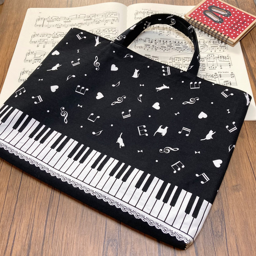 レッスンバッグ A4◎ 猫&鍵盤&ピアノ&音符 スクールバッグ 入学入園