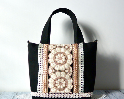 インド刺繍リボン モダンモチーフトートバッグ トートバッグ