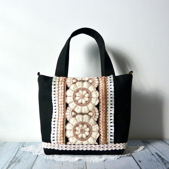 インド刺繍リボン モダンモチーフトートバッグ トートバッグ