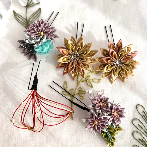 洋風つまみ細工簪セット【シャンパンゴールド×シャンパンピンク