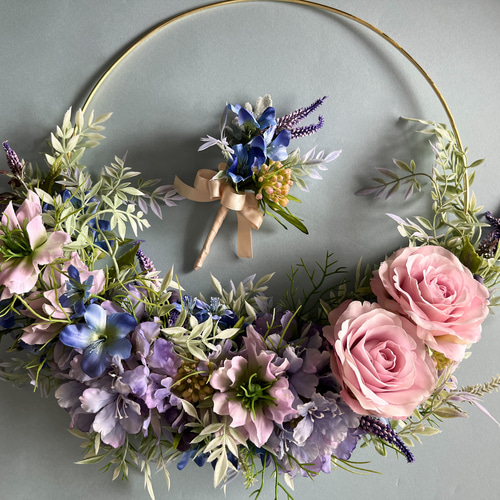 アートフラワーリースブーケ　パープル・ホワイト・ピンク ブライダルブーケ アートフラワーリースブーケ パープル・ホワイト・ピンク ブライダル
