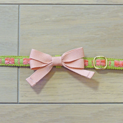 猫の首輪　シェニールリボン　グリーン×ピンク 3枚目の画像