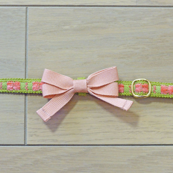 猫の首輪　シェニールリボン　グリーン×ピンク 3枚目の画像