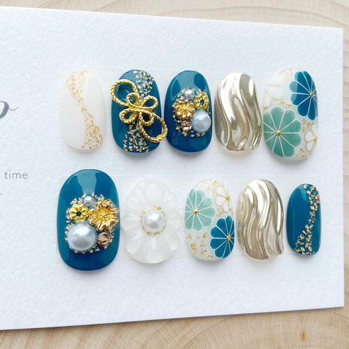 成人式ネイル/青緑/水引/振袖ネイル/和柄ネイル/着物/白無垢/和装  