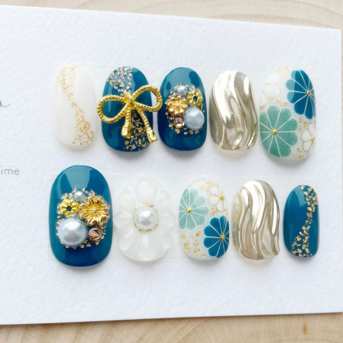 期間限定割引】人気No.1シリーズ 成人式ネイル/青緑/水引/リボン/振袖