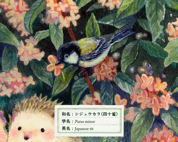 複製原画《つもる話をしよう》｜金木犀の香りに包まれるキンクマハムスターのおもちとハリネズミのすももちゃん 6枚目の画像