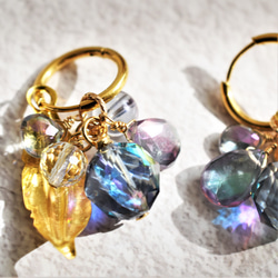 【耳環可更換】靈氣水晶&amp;神秘石英黃玉葉吊飾環形耳環 第2張的照片