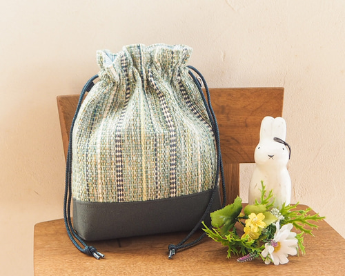 ハンドメイド 手織り生地と型染め・縞の巾着バッグ