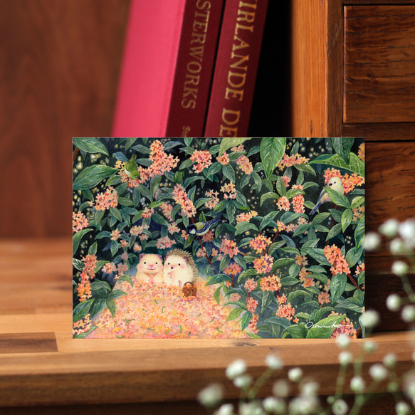 ポストカード2枚Set《つもる話をしよう》｜金木犀の香りに包まれるキンクマハムスターのおもちとハリネズミのすももちゃん 10枚目の画像