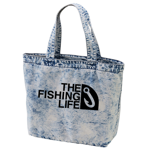 【THE FISHING LIFE】フィッシング 釣り パロディ デニム トートバッグ ギフト プレゼント 1枚目の画像