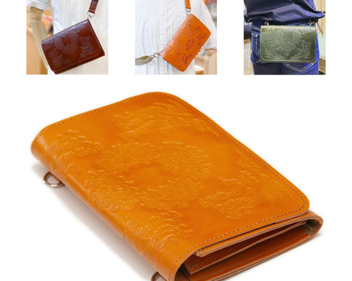 送料無料〉正倉院文様ヌメ革サコッシュ（全4色） サコッシュ 革遊び