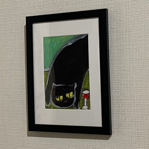 絵画。原画【黒猫は大好きな美味しいワインを見つけた】 絵画