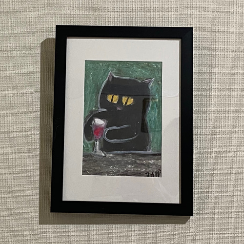絵画。壁掛け原画【猫ちゃんを連れて午後のコーヒーを飲みに