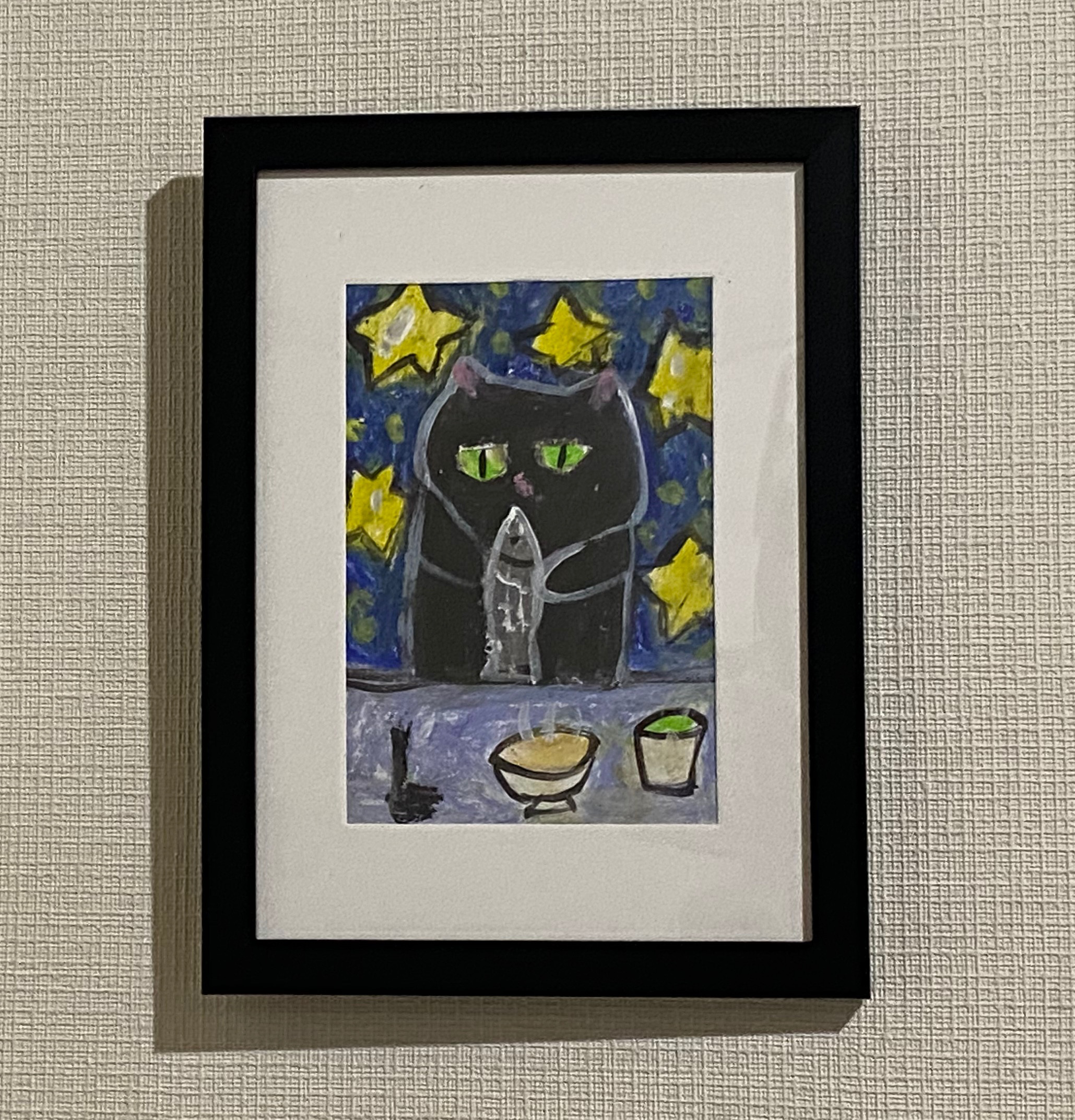 絵画。原画【雨の日、かわいい女の子が黒猫を連れて一緒に楽しく