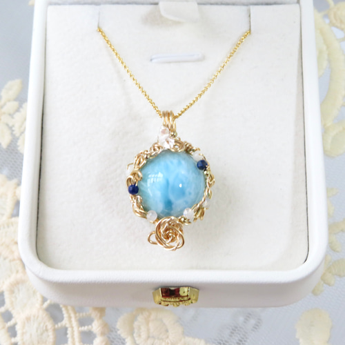 天然石ラリマー✧ワイヤージュエリーネックレス✧スフィアペンダント