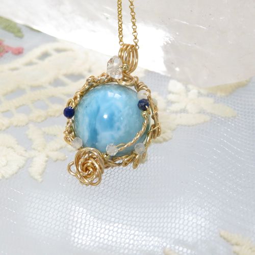 天然石ラリマー✧ワイヤージュエリーネックレス✧スフィアペンダント