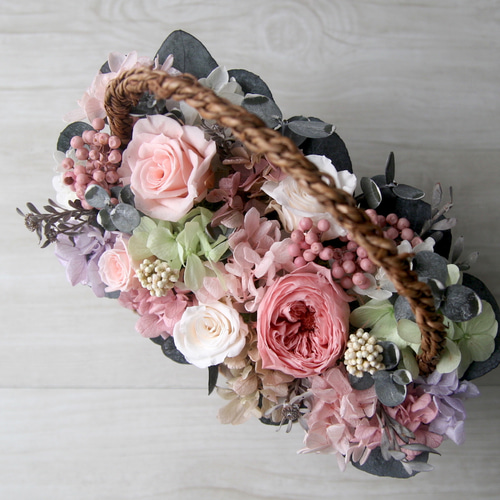 退職祝い 送別ギフトに フラワーバスケット Antique Pinkrose