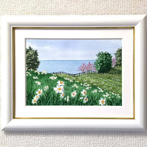 透明水彩画原画「スイセンと梅の花」額縁付F4サイズ風景画