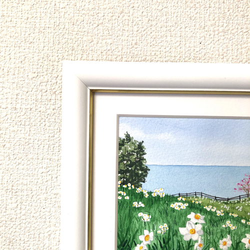 透明水彩画原画「スイセンと梅の花」額縁付F4サイズ風景画