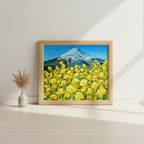 玄関やリビングに彩りを。油彩画【富士を望む花園】花の絵 富士山
