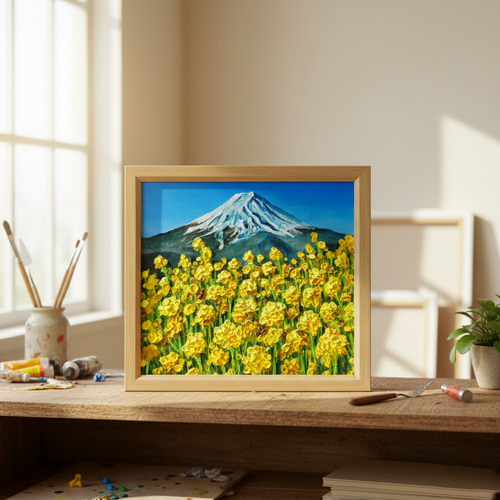 玄関やリビングに彩りを。油彩画【富士を望む花園】花の絵 富士山