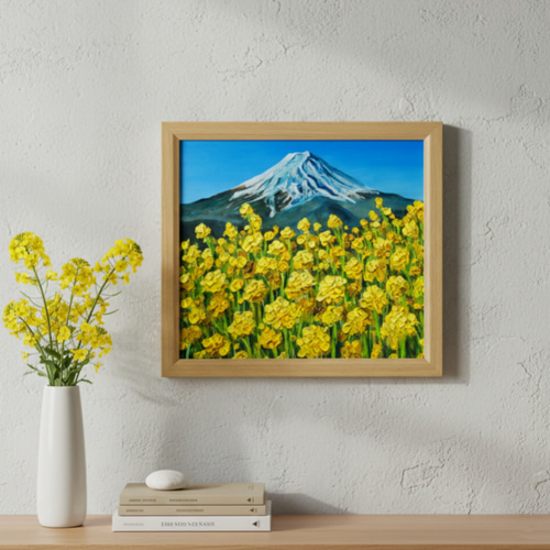 玄関やリビングに彩りを。油彩画【富士を望む花園】花の絵 富士山