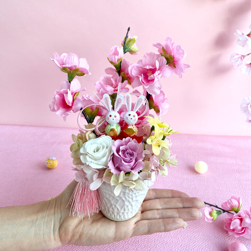 ひな祭り♪ 桃の節句 〜うさぎ雛の手のひらサイズキュートな桃の花