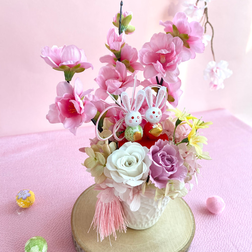 ひな祭り♪ 桃の節句 〜うさぎ雛の手のひらサイズキュートな桃の花