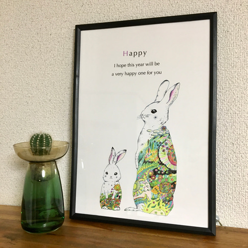 うさぎhappy/アートポスター イラスト A4/B4/A3サイズ