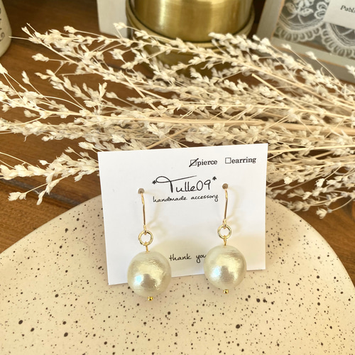 一粒上品コットンパールピアス♡イヤリング♡ ピアス（フック 