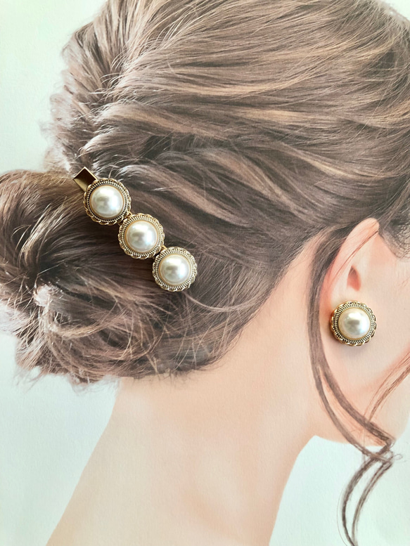 【二点セット】 アンティークパール 髪留め ピアス イヤリング ヘアクリップ ハンドメイド ウエディング 結婚式 4枚目の画像