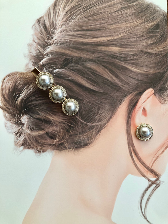 【二点セット】 アンティークパール 髪留め ピアス イヤリング ヘアクリップ ハンドメイド ウエディング 結婚式 4枚目の画像