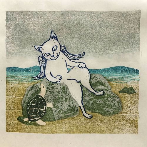 亀の話を聞くねこてん 木版画 版画 nekoten 通販 15351205｜Creema