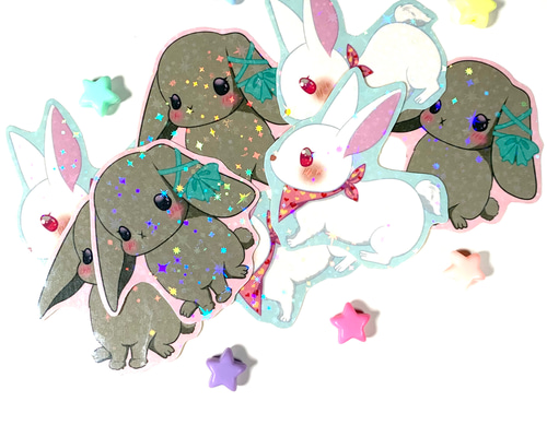 キラキラシール/白うさぎとタレ耳うさぎ/ホログラム/ステッカー/ウサギ