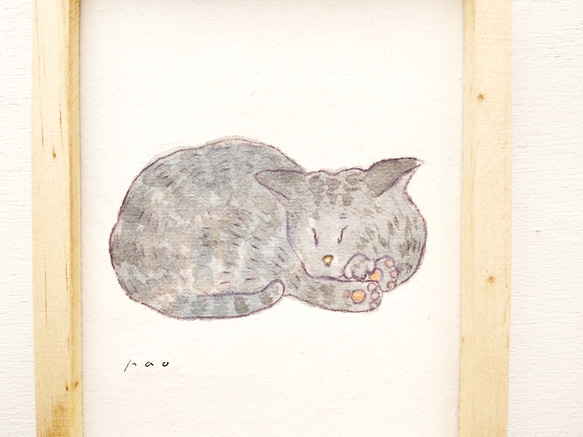 原画「眠る猫」水彩　イラスト ※木製額縁入り 3枚目の画像